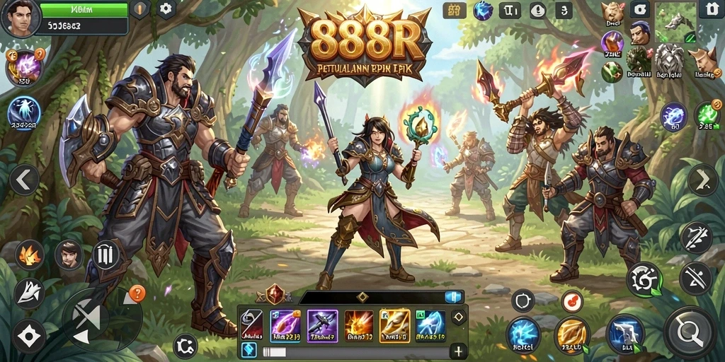 Screenshot gameplay 888R menunjukkan pertarungan epik dan penjelajahan dunia fantasi.