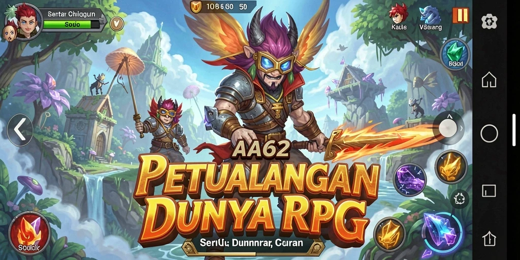 Screenshot utama AA62 menampilkan adegan pertarungan seru dalam permainan RPG.