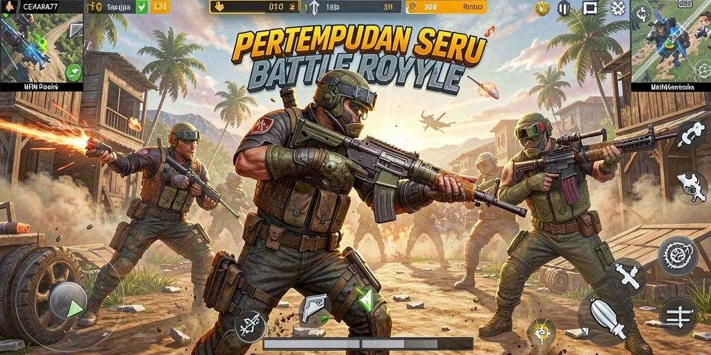 Screenshot utama CEMARA77 menampilkan aksi intens dalam pertempuran Battle Royale.