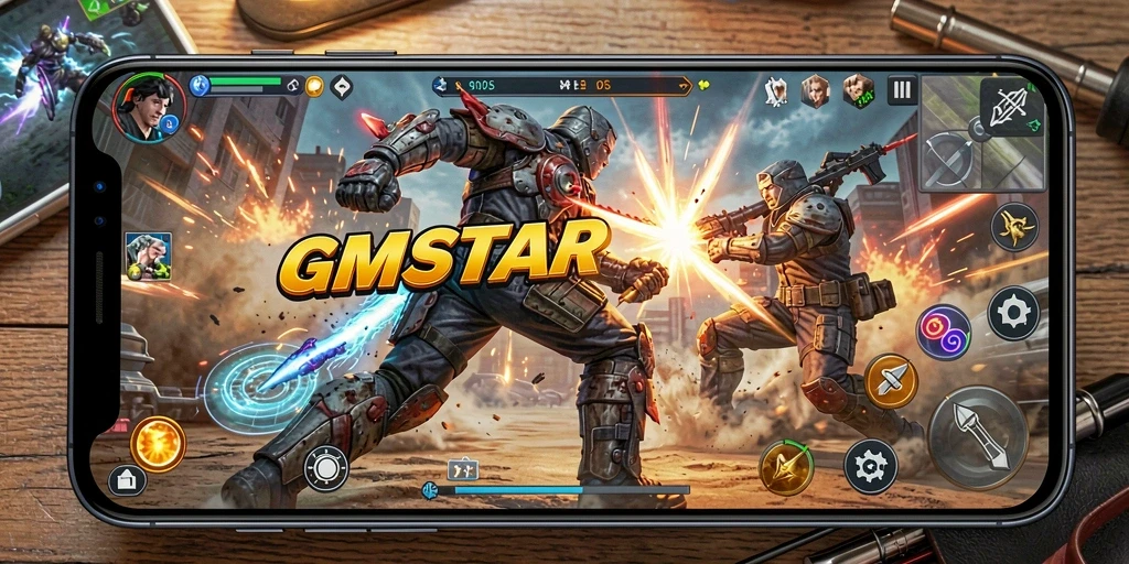 Screenshot gameplay GMSTAR menampilkan aksi pertarungan mendebarkan.
