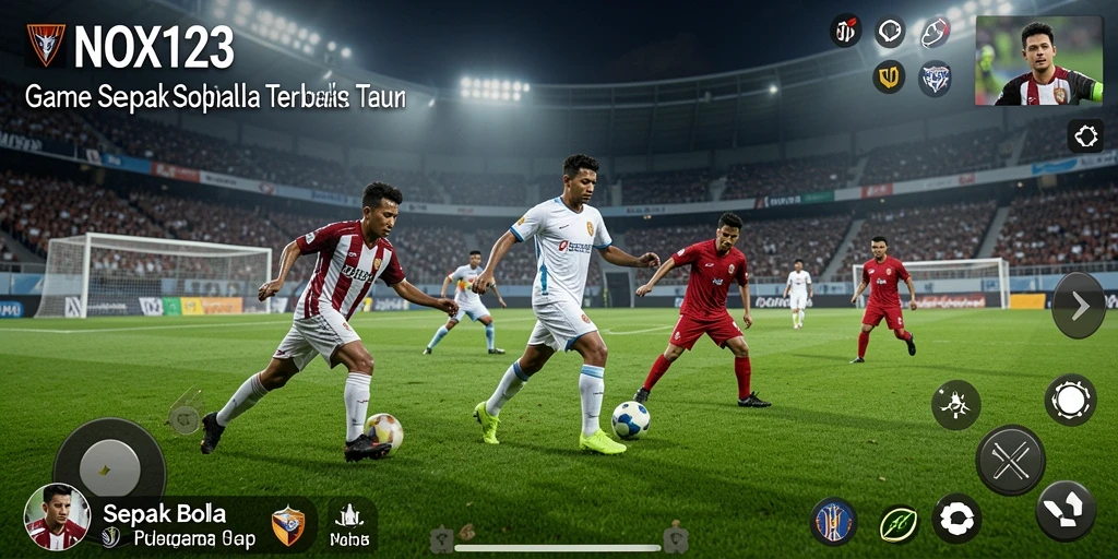 Screenshot utama dari gameplay NOX123 yang menampilkan aksi di lapangan sepak bola.