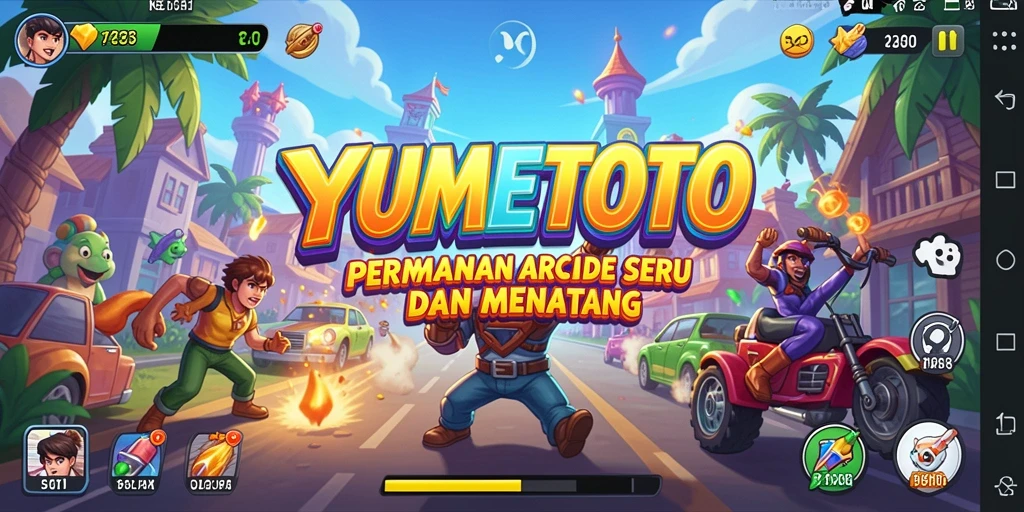 Screenshot utama YUMETOTO menampilkan vibrant gameplay arcade.